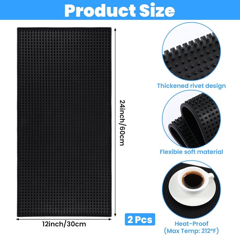 Tobeelec 2 Pcs Bar Mat for Countertop 24 x 12 Inch, Large Non Slip Rubber Mat Service Spill Cocktail Bartending Coffee Bar Mats for Hot Dishes Restaurants Barbershop Clippers Hot Pads, Black - Image 2